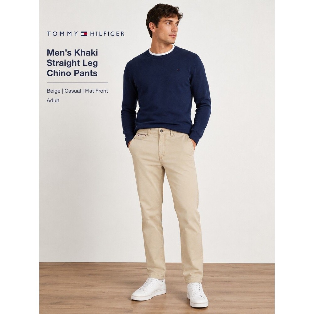 Tommy Hilfiger Men's Khaki Straight Leg Chino Pants Beige Casual Flat Front 36